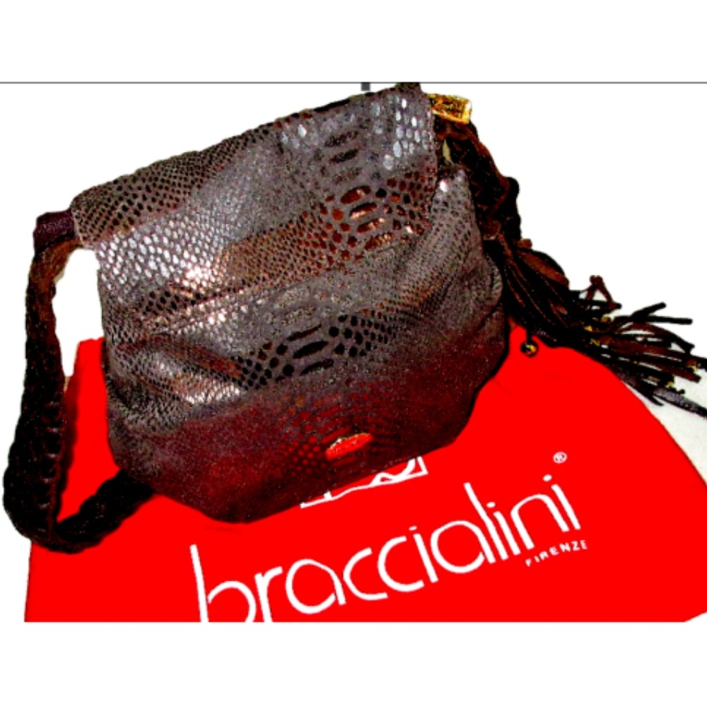 NEW BRACCIALINI Italian Fringed Leather Hobo Bag